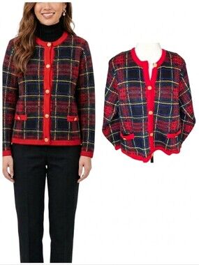 Vintage Westbound Red and Black Plaid Knit Sweater Gold Buttons Women's Large